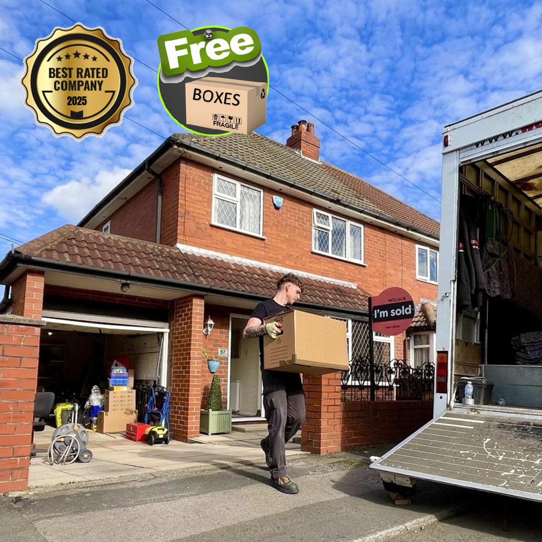 White Glove Removals van loaded outside a Yorkshire semi-detached house on moving day